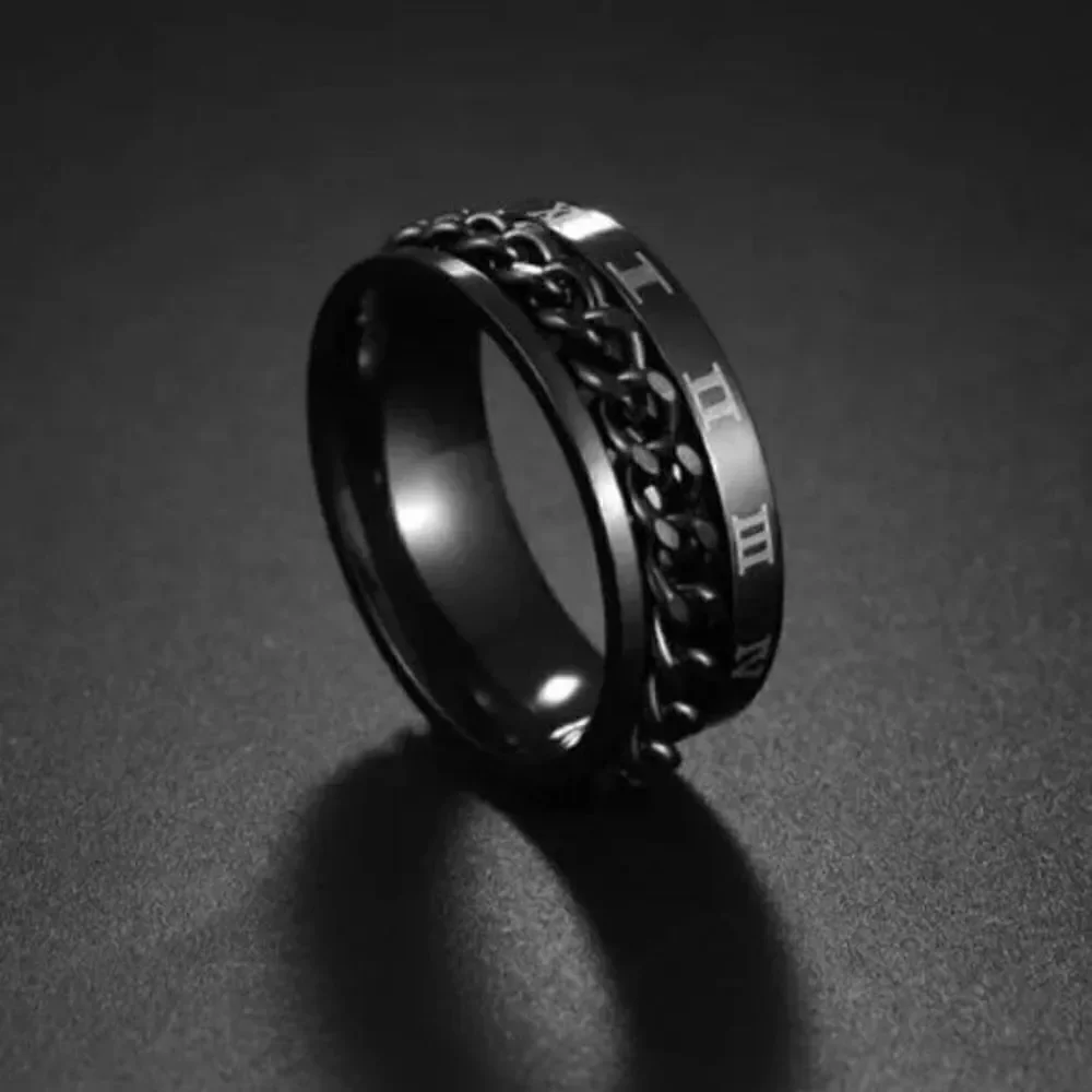 STAINLESS STEEL BLACK BRAIDED ROMAN NUMERAL RING WEDDING BAND RING